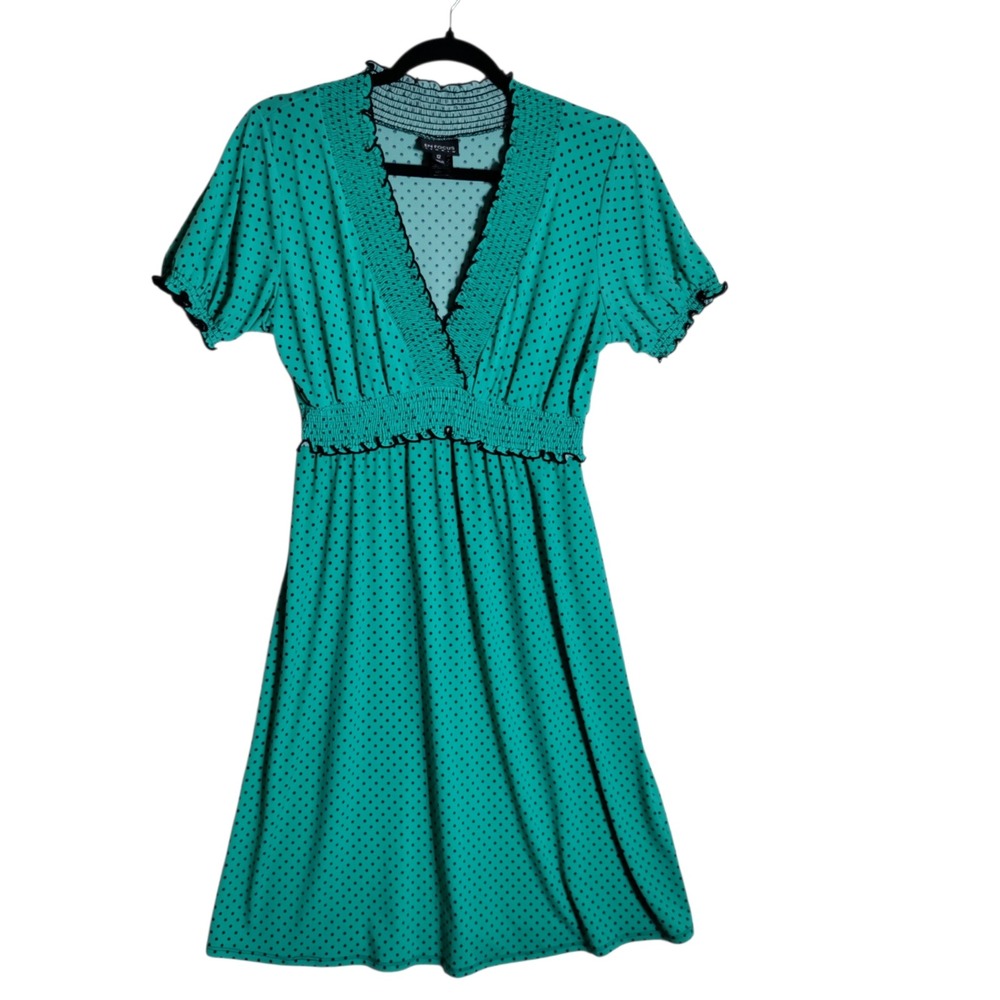 En Focus Studio Teal Polka Dot Smocked Empire Waist Dress Womens 12 V-Neck